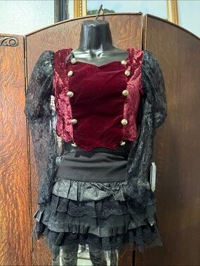 Velvet Burgundy Corset Top with Black Lace Sleeves Pirate costume
